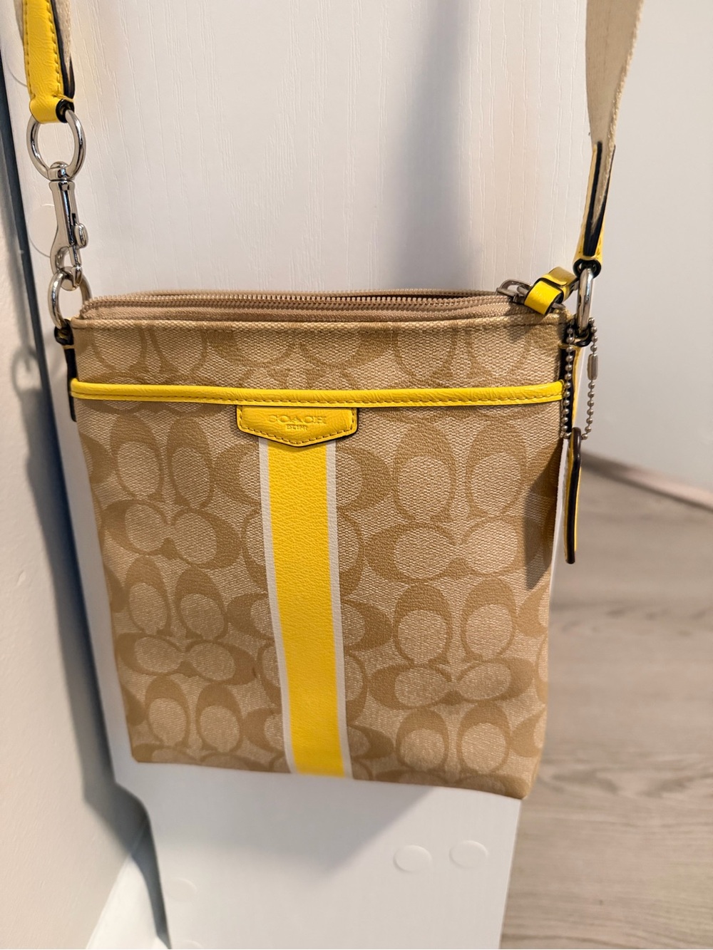 Coach Khaki Signature Crossbody with Yellow Stripe